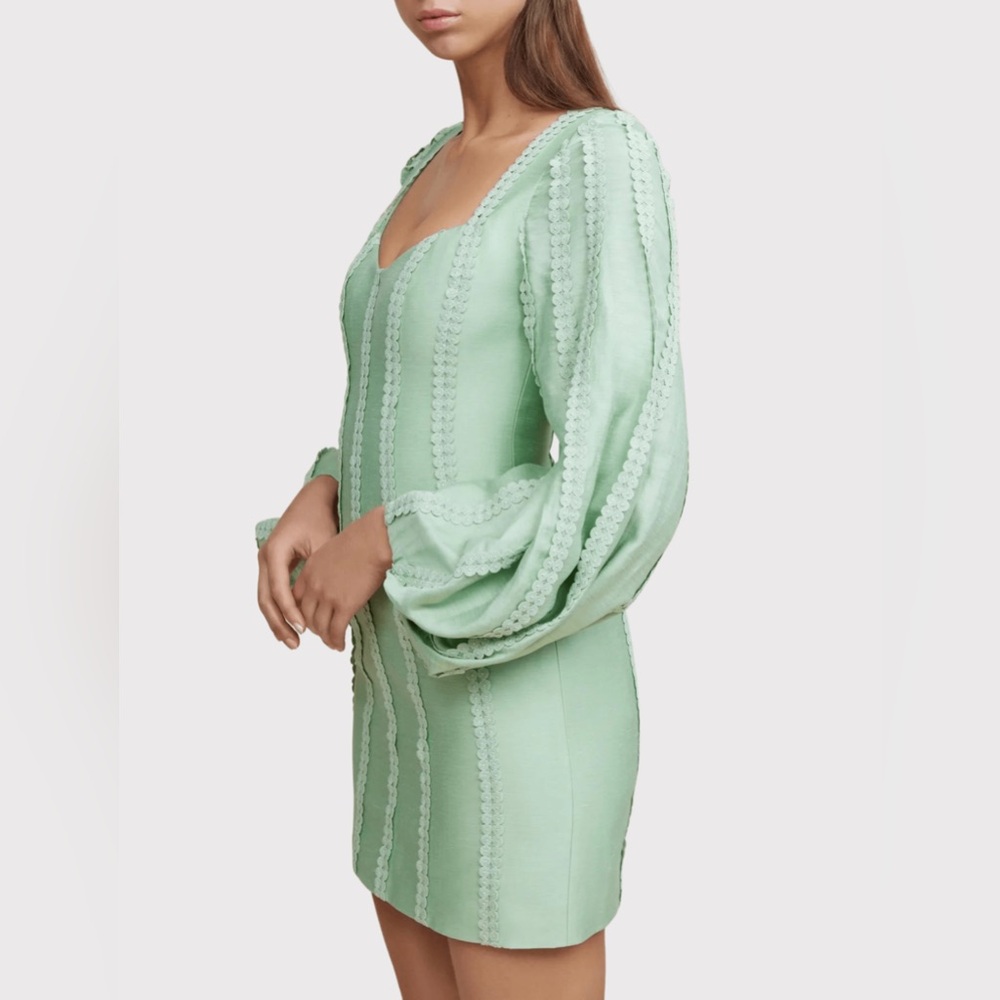 Acler Sea Foam Green Mini Linen Blend Duxbury Dress Balloon Sleeves & Open Back